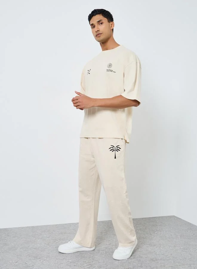 Men Beige Acid Wash Oversized Joggers